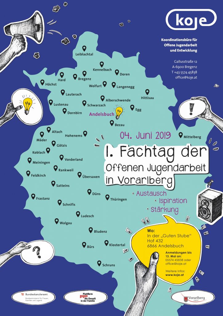 Plakat mit Karte des Landes Vorarlberg für den 1. Fachtag der Offenen Jugendarbeit in Vorarlberg.